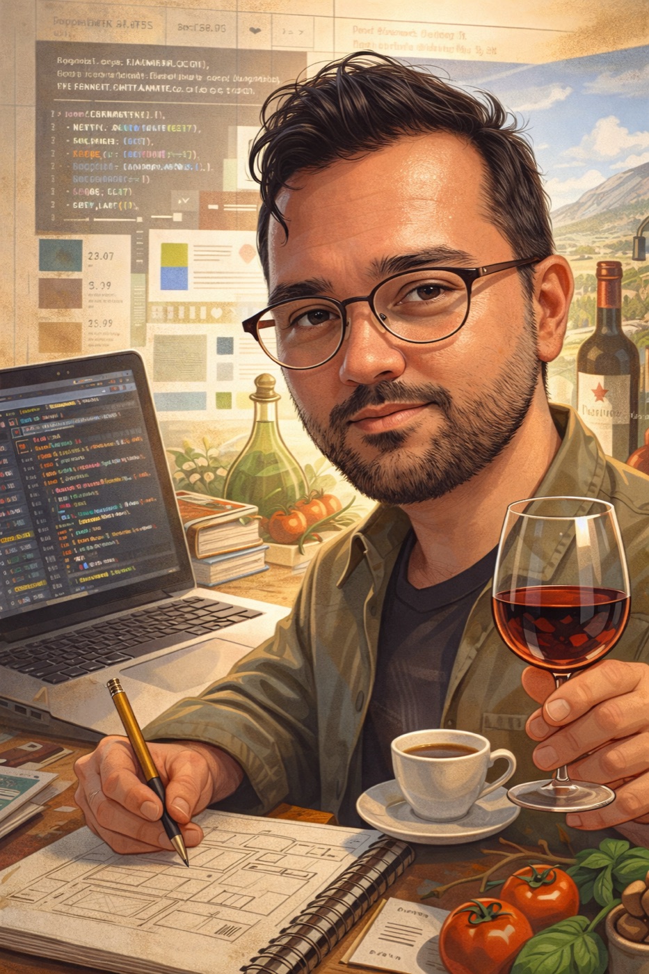An illustrated portrait of Tristan at his desk, between code, a glass of red wine, an espresso, tomatoes, and basil